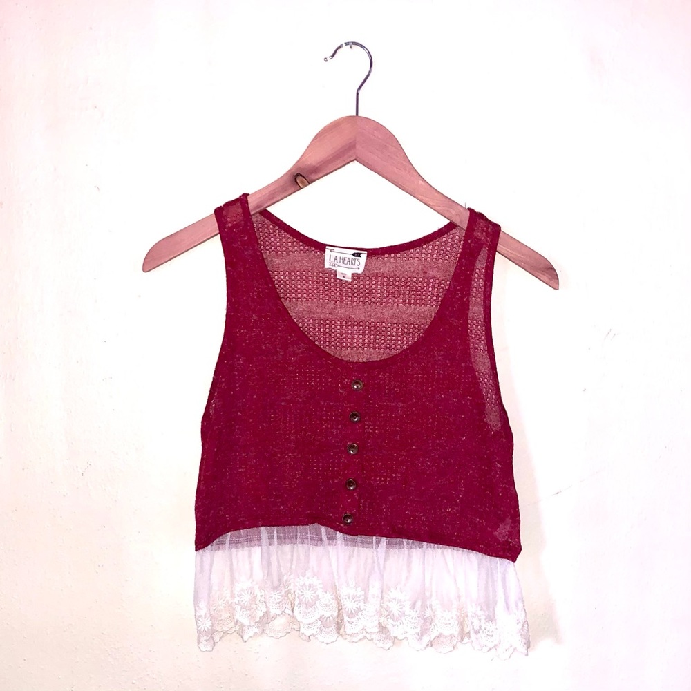 Boho lightweight red flowy lace hem knit crop top